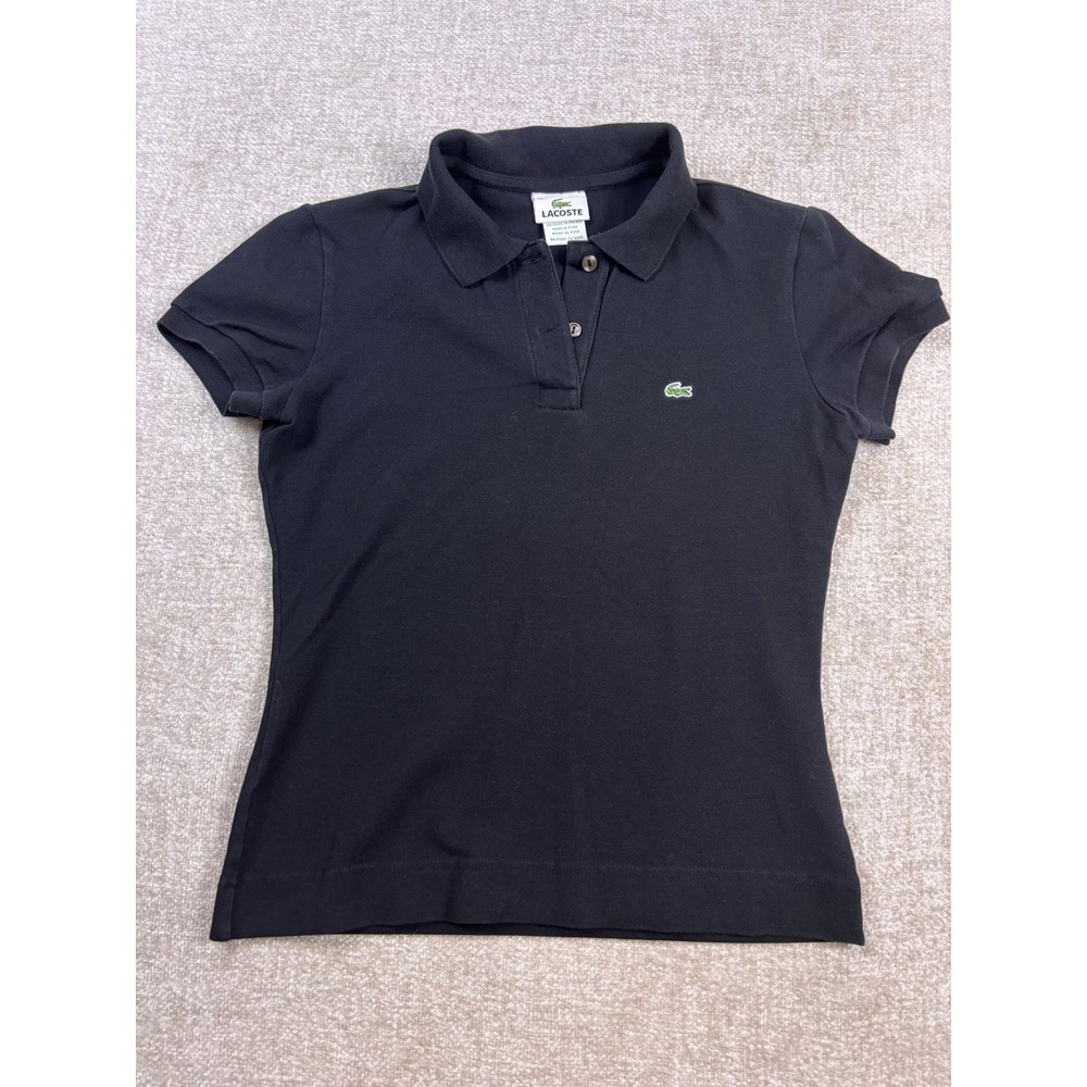 Lacoste Womens Black Short Sleeve Pique Polo Shirt Size 38 Fits Like XS Logo